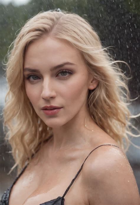 sexy blonde woman   soaking wet tight dress immense cleavage