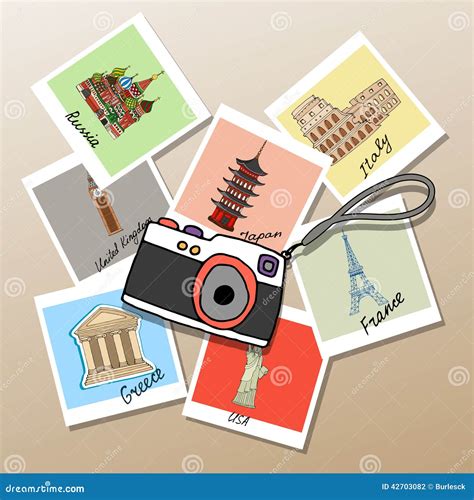 Camera with Photographs of Global Landmarks Stock Vector - Illustration