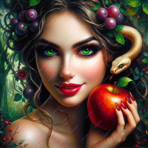 Premium Photo | Portrait of Eve in Eden with an apple and the snake