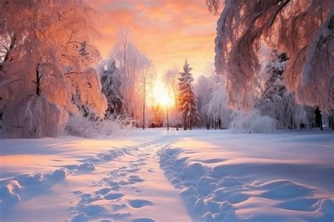 beautiful winter landscape   rays  sunset snowy road