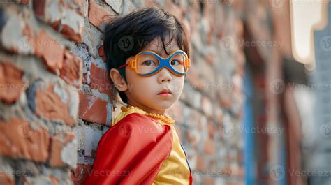 Courageous Asian Superhero Boy Smashing Through Brick Wall with Vibrant