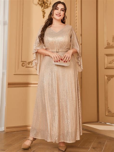Plus Cloak Sleeve Belted Sequin Bridesmaid Dress | Plus size party