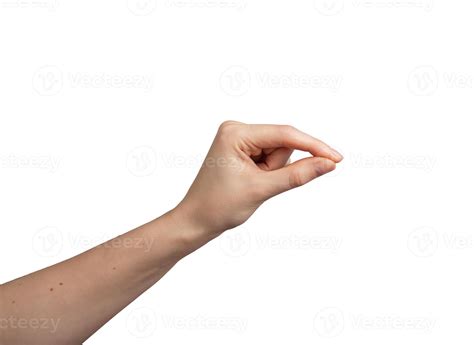 Female hand showing gesture. Palm, wrist, fingers in pinch, sprinkle