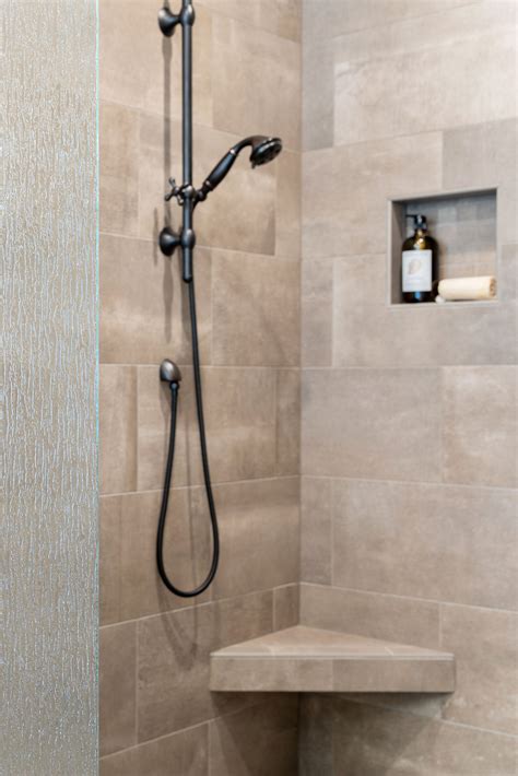Walk-In Tile Shower with Corner Bench Seat | Corner shower seat, Corner