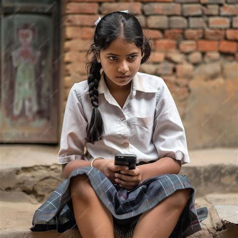 indian village teenage girl sitting  school uniform premium ai
