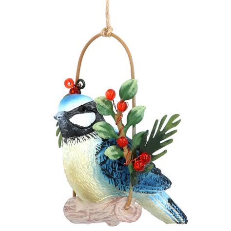 Gisela Graham Resin Blue Tit on Holly Log Swing Dec - Maison White