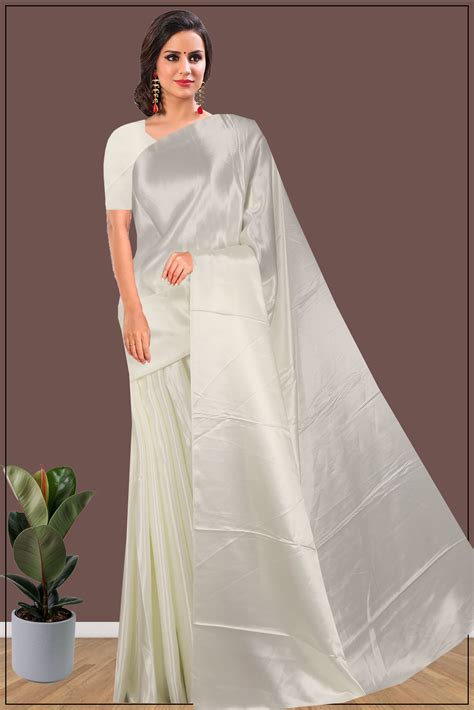plain satin silk saree  white soslk