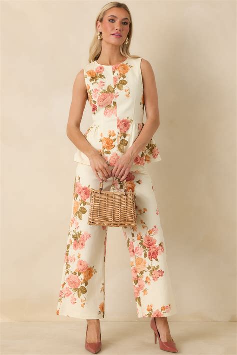 pink floral print cotton wide leg pants  bottoms red dress
