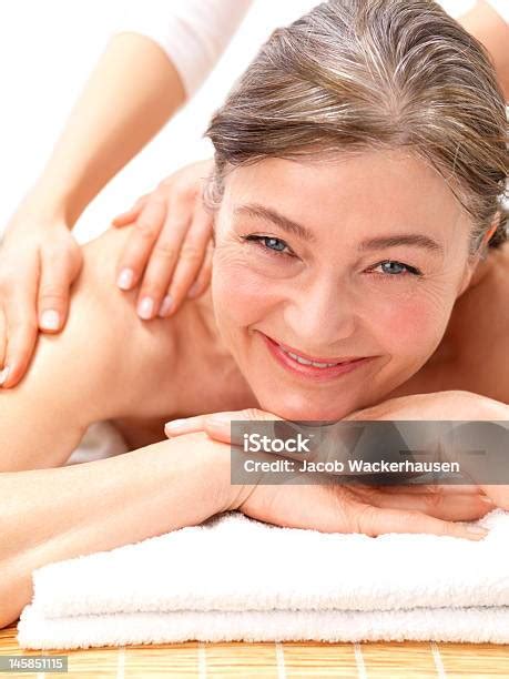 cheerful mature woman   massage stock photo  image