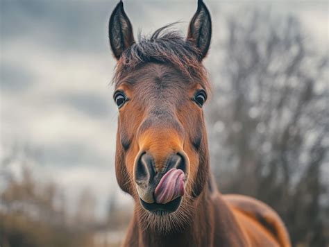 Horse making a funny face sticking out tongue playful moment | Premium ...