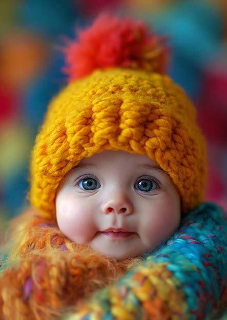 Premium Photo | Baby wearing yellow hat scarf best face eyes love begin fluffy colored chimeric ...