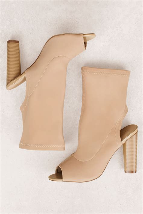 Stylish Nude Boots - Open Toe Sock Boots - Nude Going Out Boots