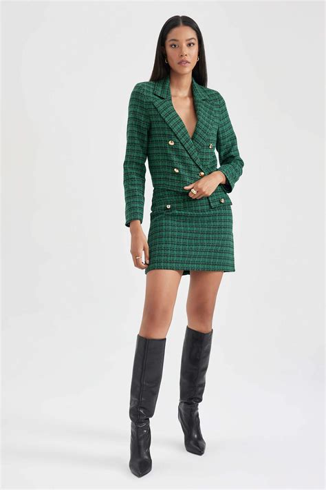 Yeşil Kadın A Kesim Kareli Normal Bel Astarlı Tweed Mini Etek 2925235
