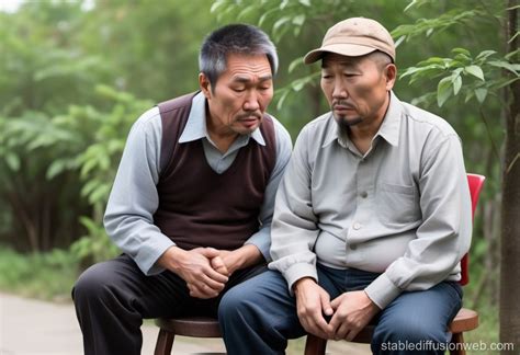 an asian uncle supports a middle aged asian man with cerebral