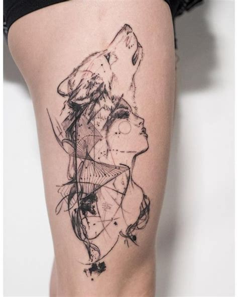Sketchy Geometric Woman Transforming to Wolf Thigh Tattoo | Wolf girl ...