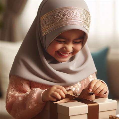 Premium AI Image | Happy Muslim Child Opening Gift Medium Shot
