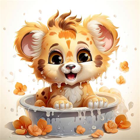 Premium Photo | Adorable illustrated lion cub taking a bubbly bath