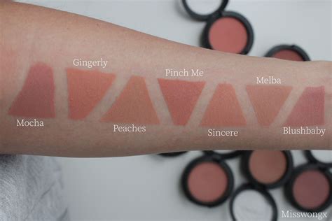 Mac blush swatches! Mocha, Gingerly, Peaches, Pinch me, Sincere, Mocha ...