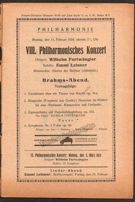 Furtwangler, Wilhelm - Lot of 9 Programs Berlin Philharmonic 1923-1924 – Tamino