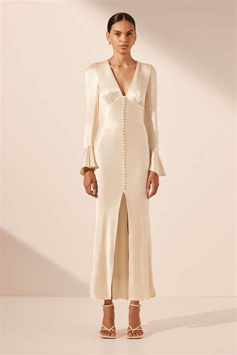 La Lune Frill Cuff Bias Midi Dress | Cream | Dresses | Shona Joy