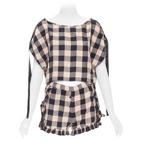 MORGAN LANE peach black cotton ribbon trim checkered top short set P
