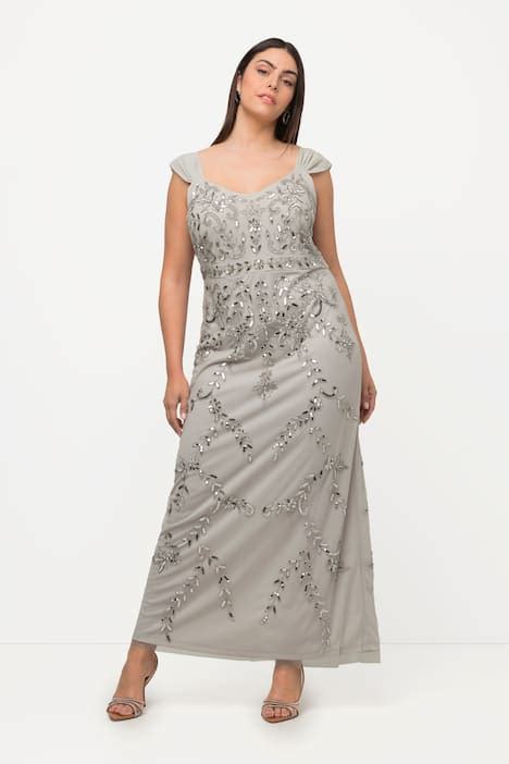 jurk met bandjes, pailletten, A-lijn, V-hals, mouwloos, metaalgrijs ...