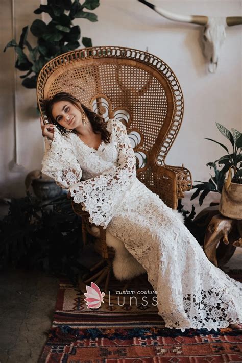 Ivory Lace Winter Boho Wedding Dress with Bell Sleeves - Lunss