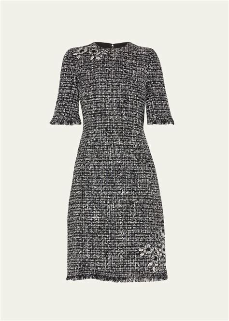 Rickie Freeman for Teri Jon Tweed Floral Applique Fringe-Trim Dress