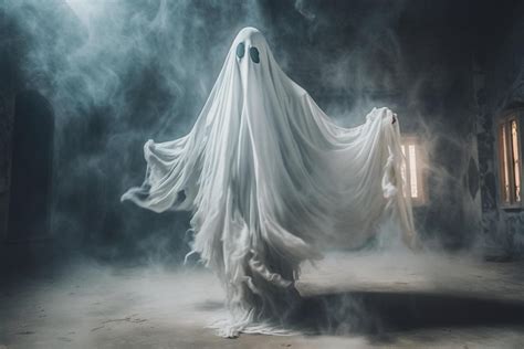 Human in spooky ghosts costume flying inside the old house or forest at