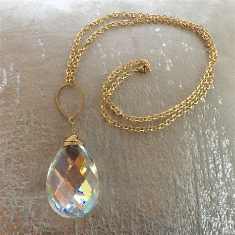 Long Pendant Large Crystal Gold Filled Necklace - LifeBejeweled