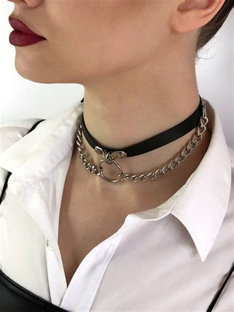 Choker With Double Chain and O-ring Leather Choker Collar - Etsy ...