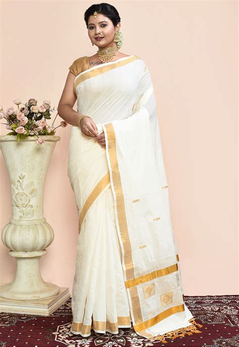 buy kerela kasavu pure cotton saree   white  spn