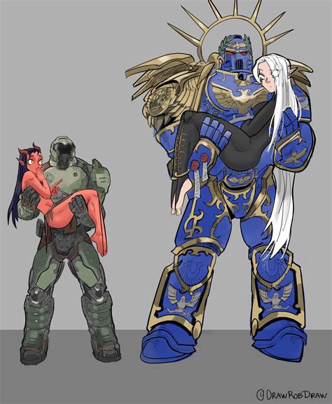 Taboo waifus; Doomguy and Dahlia meet Guilliman and Yvraine; art by