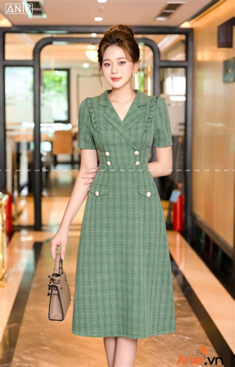 Đầm Xanh Caro Cổ Vest