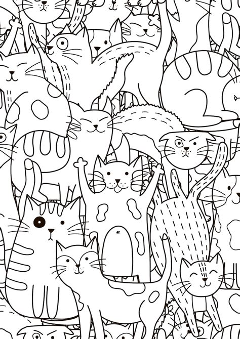 Coloring Page with Doodle Cats Printable Coloring Page for | Etsy