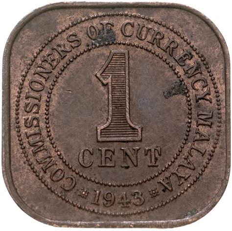 Монета малайя 1 цент (cent) 1943 стоимостью 219 руб.