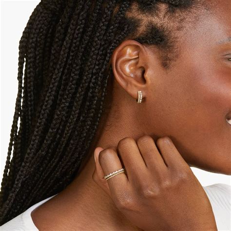 14K Yellow Gold Dainty Diamonds Double Row Huggie Hoop Earrings-81917y14