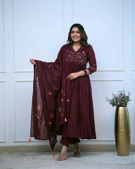 handmade wine anarkali suit floral embroidery indian party dress etsy