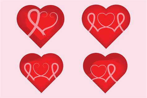set of Breast Cancer Awareness Heart Ribbon with Butterfly vector ...