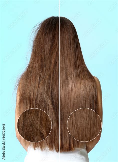 Woman before and after washing hair with moisturizing shampoo on turquoise background, collage ...