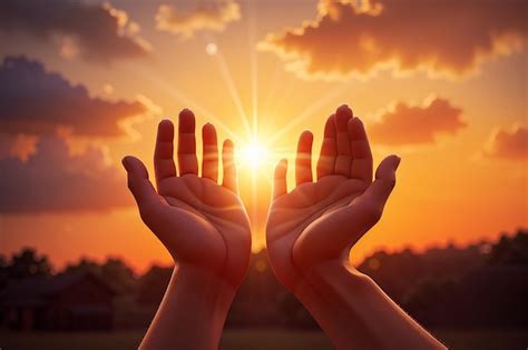Premium AI Image | Spiritual prayer hands over sun shine with blurred