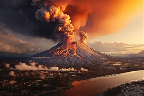 Premium AI Image | Volcanic eruption at sunset 3d render of volcanic ...