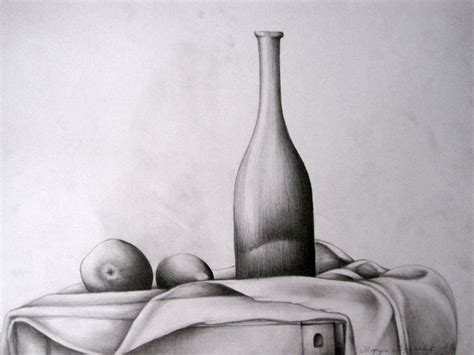 Still life drawing of a bottle and fruit