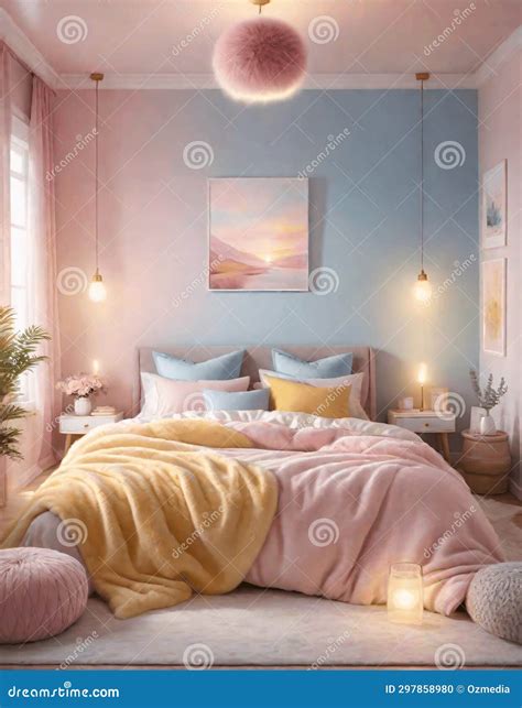 Cozy Bedroom in Pink and Blue Pastel Colors Stock Illustration ...