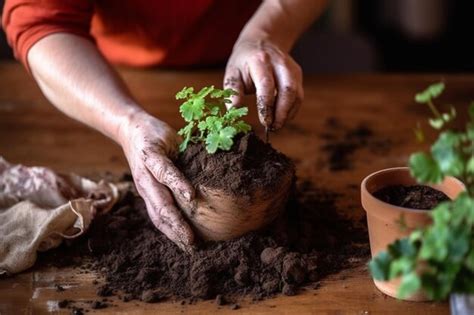 man shakes soil  ivy roots  transplanting   flower pot