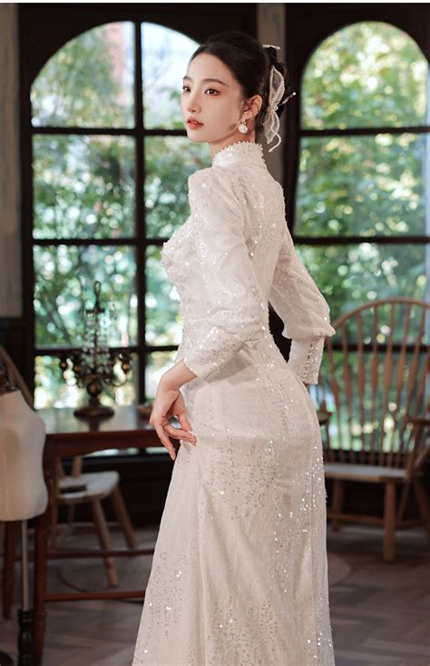 White Chinese Wedding Dress Luxury Bride Qipao