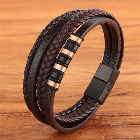 Браслет кожаный мужской многослойный коричневый Rose Gold LTH520 ...
