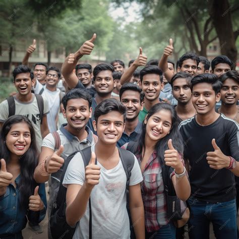 Premium Photo | Indian college student group showing thumbs up at