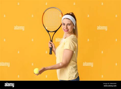 portrait  beautiful tennis player  color background stock photo alamy