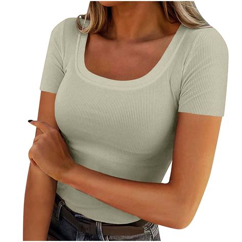 women crew neck  shirts ribbed tight tee shirt short sleeve basic tops